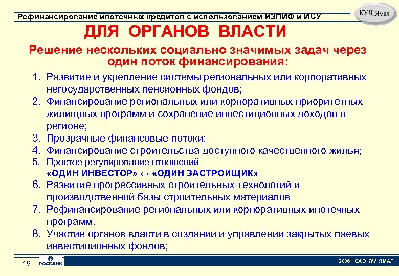 Рефинансирование ипотечных кредитов с использованием ИЗПИФ и ИСУ ДЛЯ ОРГАНОВ ВЛАСТИ Решение нескольких социально