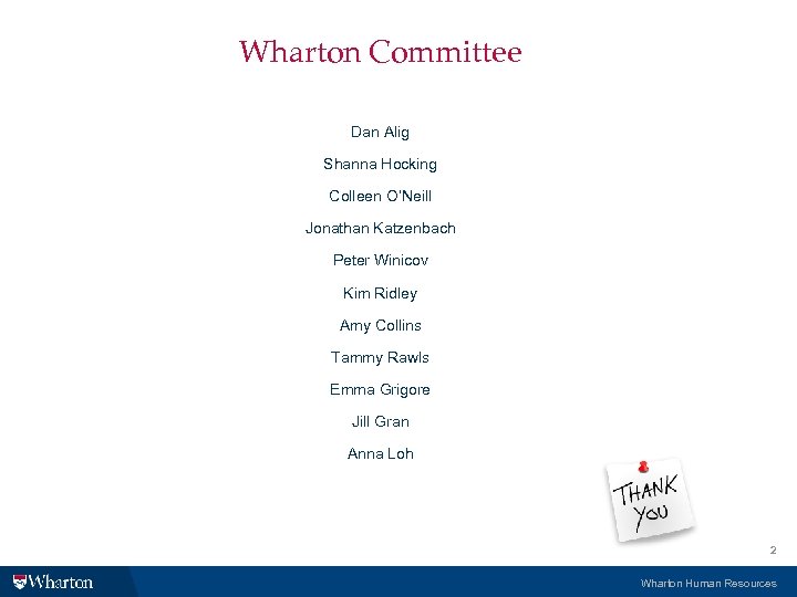 Wharton Committee Dan Alig Shanna Hocking Colleen O’Neill Jonathan Katzenbach Peter Winicov Kim Ridley