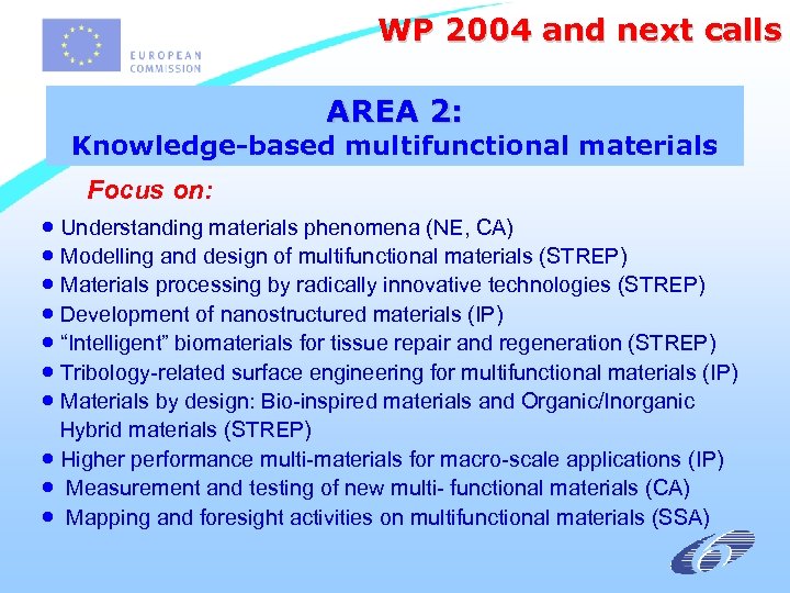 WP 2004 and next calls AREA 2: Knowledge-based multifunctional materials Focus on: · Understanding