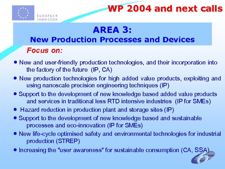 WP 2004 and next calls AREA 3: New Production Processes and Devices Focus on:
