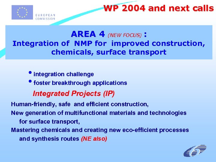 WP 2004 and next calls AREA 4 (NEW FOCUS) : Integration of NMP for
