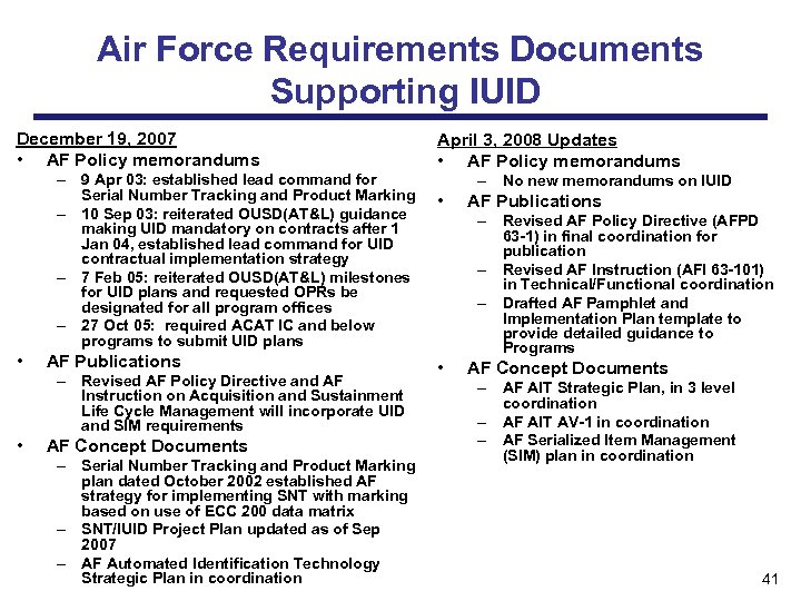 Air Force Requirements Documents Supporting IUID December 19, 2007 • AF Policy memorandums –