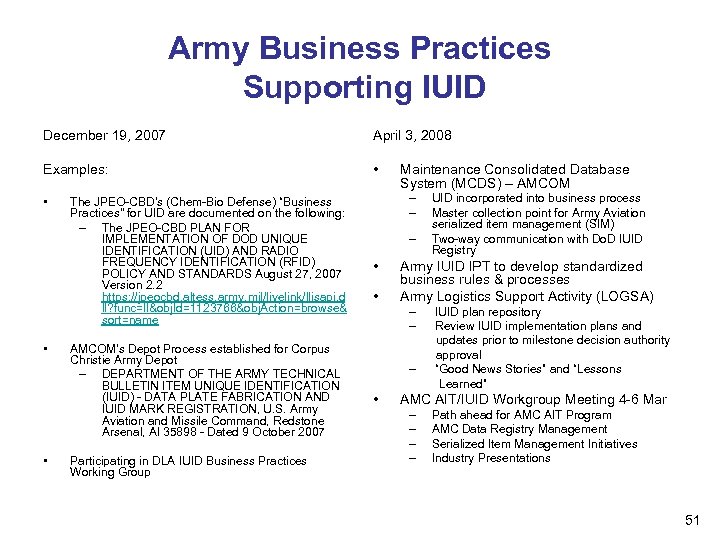 Army Business Practices Supporting IUID December 19, 2007 April 3, 2008 Examples: • •