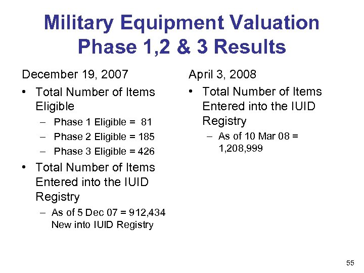 Military Equipment Valuation Phase 1, 2 & 3 Results December 19, 2007 • Total