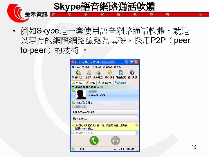 Skype語音網路通話軟體 • 例如Skype是一套使用語音網路通話軟體，就是 以現有的網際網路線路為基礎，採用P 2 P（peerto-peer）的技術 。 19 