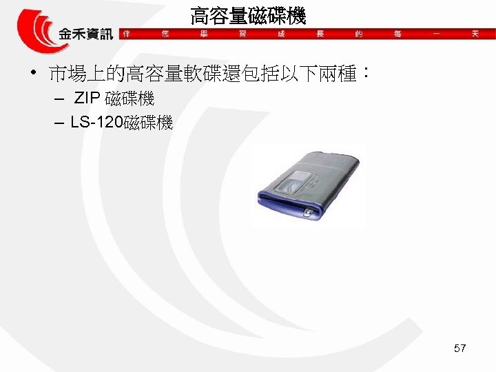 高容量磁碟機 • 市場上的高容量軟碟還包括以下兩種： – ZIP 磁碟機 – LS-120磁碟機 57 