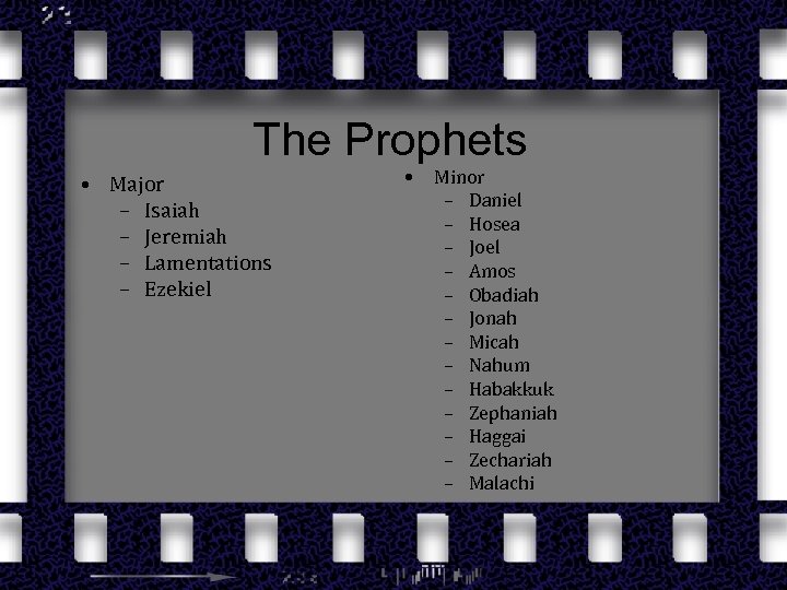 The Prophets • Major – Isaiah – Jeremiah – Lamentations – Ezekiel • Minor