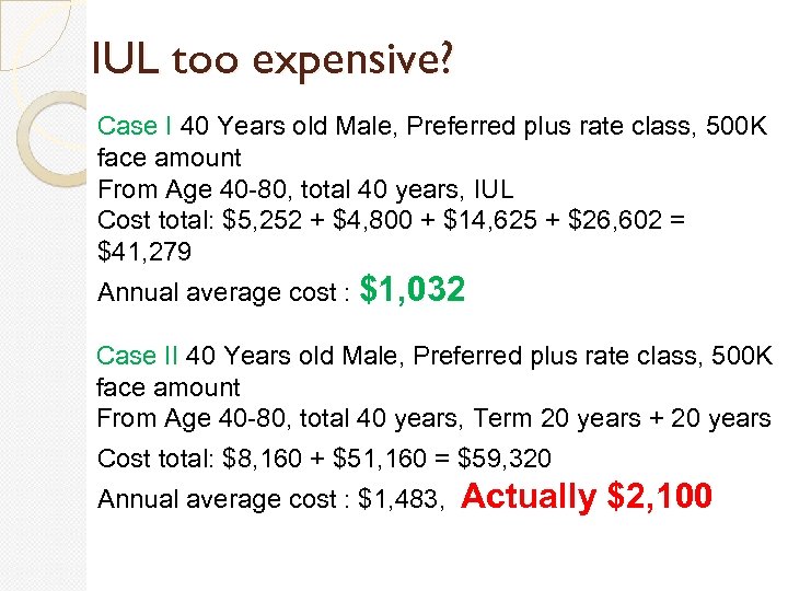 IUL too expensive? Case I 40 Years old Male, Preferred plus rate class, 500