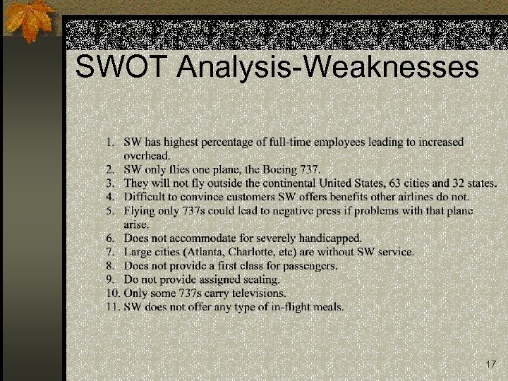 SWOT Analysis-Weaknesses 17 