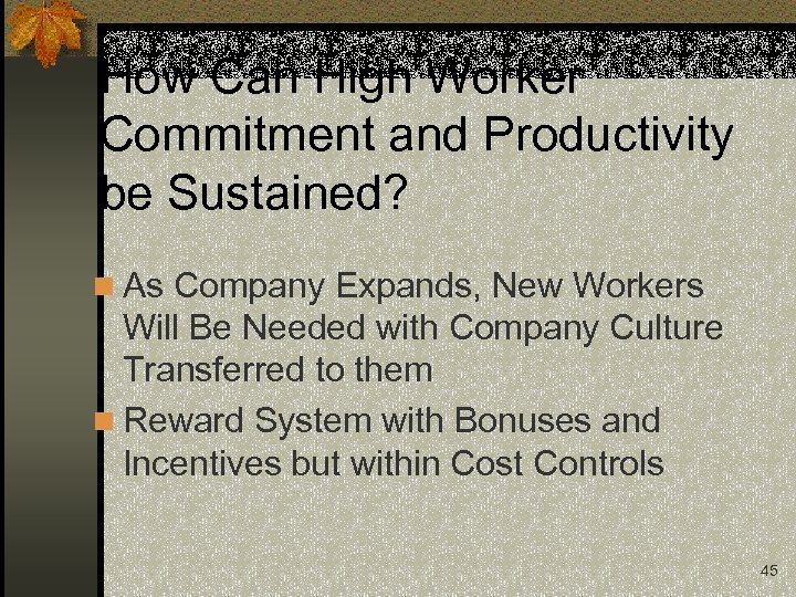 How Can High Worker Commitment and Productivity be Sustained? n As Company Expands, New