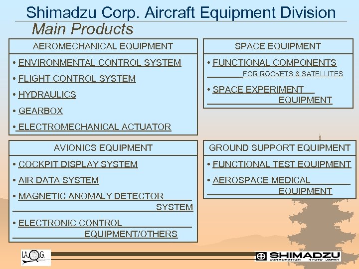 Shimadzu Corp. Aircraft Equipment Division Main Products AEROMECHANICAL EQUIPMENT • ENVIRONMENTAL CONTROL SYSTEM •