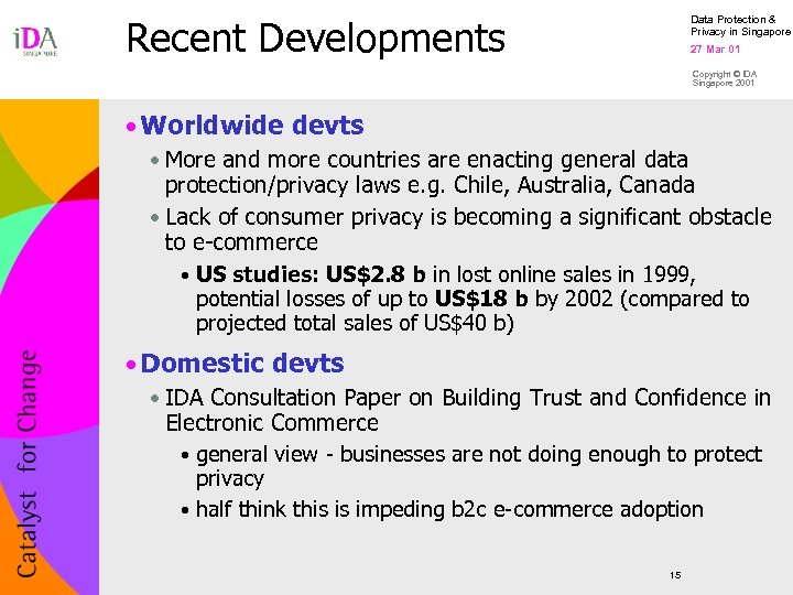 Recent Developments Data Protection & Privacy in Singapore 27 Mar 01 Copyright © IDA
