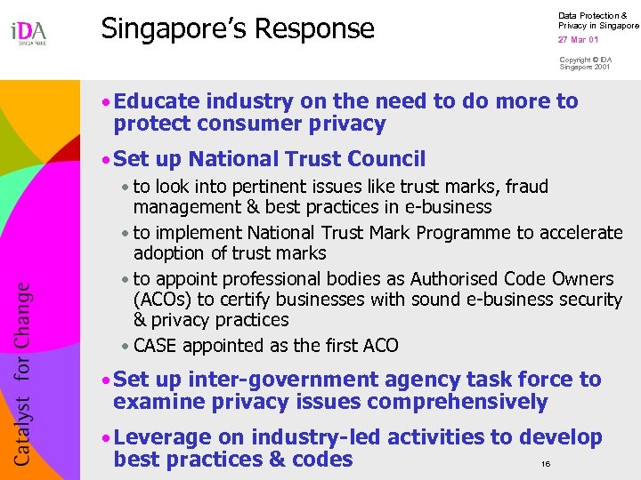 Singapore’s Response Data Protection & Privacy in Singapore 27 Mar 01 Copyright © IDA