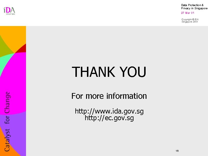 Data Protection & Privacy in Singapore 27 Mar 01 Copyright © IDA Singapore 2001