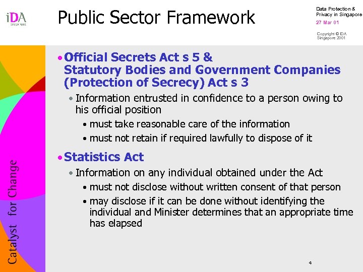 Public Sector Framework Data Protection & Privacy in Singapore 27 Mar 01 Copyright ©