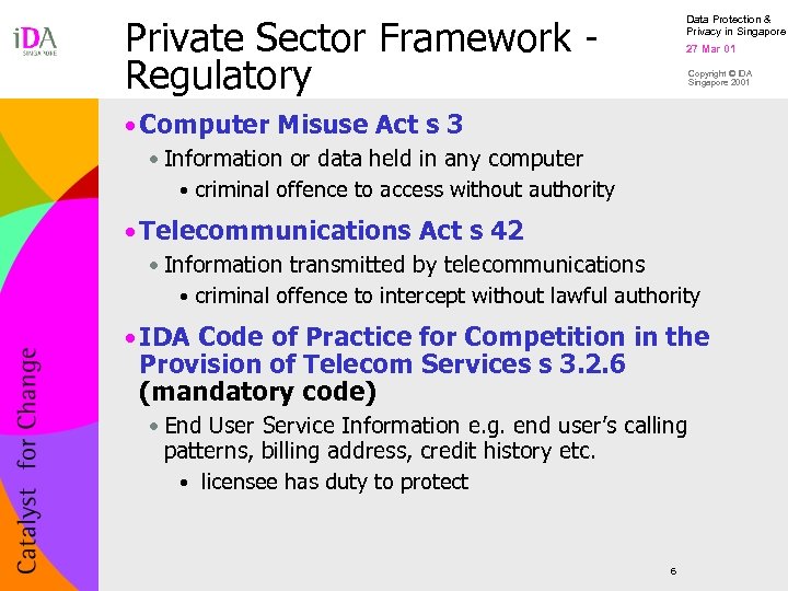 Private Sector Framework Regulatory Data Protection & Privacy in Singapore 27 Mar 01 Copyright