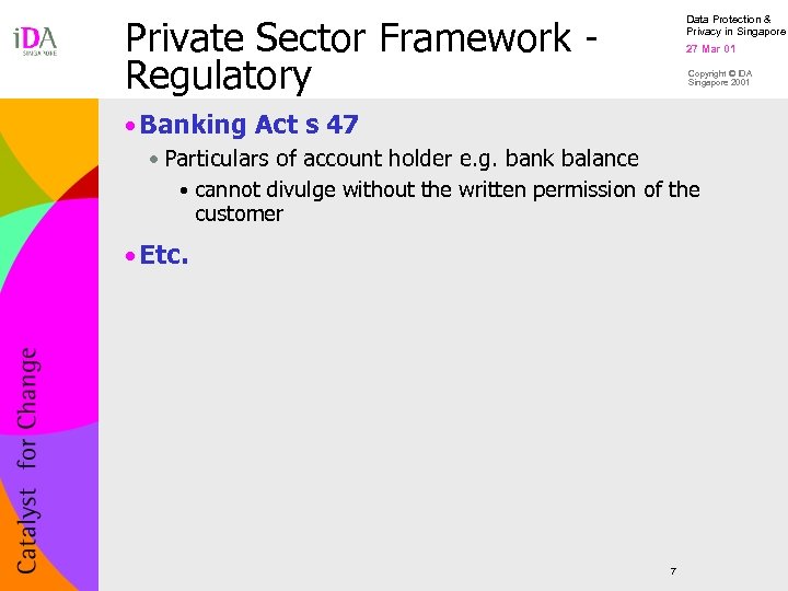 Private Sector Framework Regulatory Data Protection & Privacy in Singapore 27 Mar 01 Copyright
