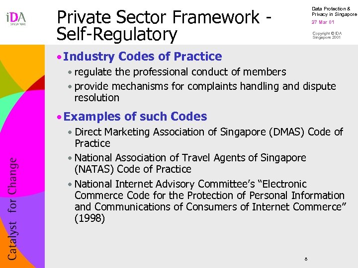Private Sector Framework Self-Regulatory Data Protection & Privacy in Singapore 27 Mar 01 Copyright