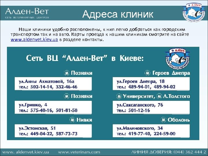 Адреса клиник Наши клиники удобно расположены, к нил легко добраться как городским транспортом так