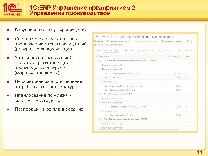 1 С: ERP Управление предприятием 2 Управление производством n n n Визуализация структуры изделия