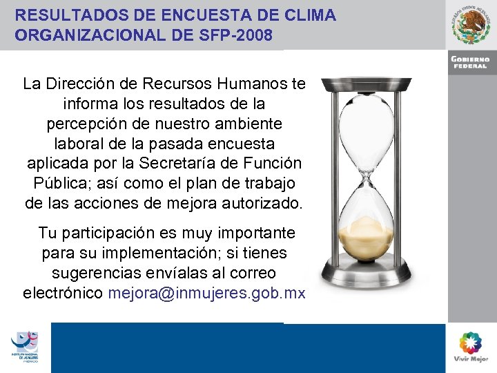 RESULTADOS DE ENCUESTA DE CLIMA ORGANIZACIONAL DE SFP-2008 La Dirección de Recursos Humanos te