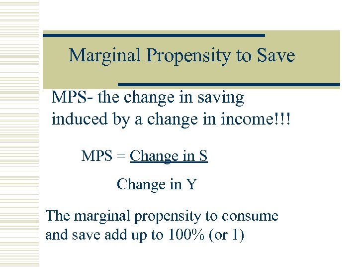 Marginal Propensity to Save MPS- the change in saving induced by a change in