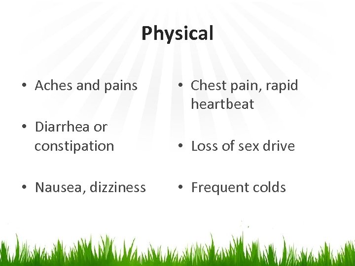 Physical • Aches and pains • Chest pain, rapid heartbeat • Diarrhea or constipation