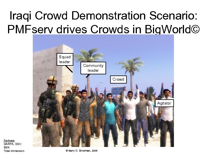 Iraqi Crowd Demonstration Scenario: PMFserv drives Crowds in Big. World© Squad leader Community leader