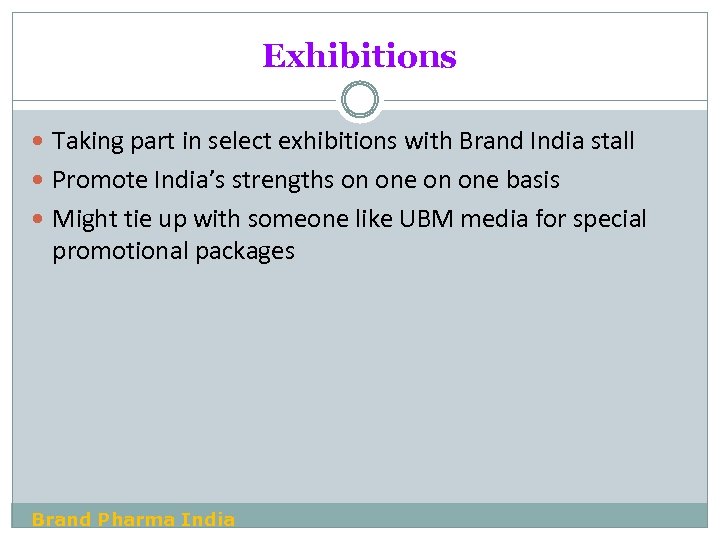 Exhibitions Taking part in select exhibitions with Brand India stall Promote India’s strengths on