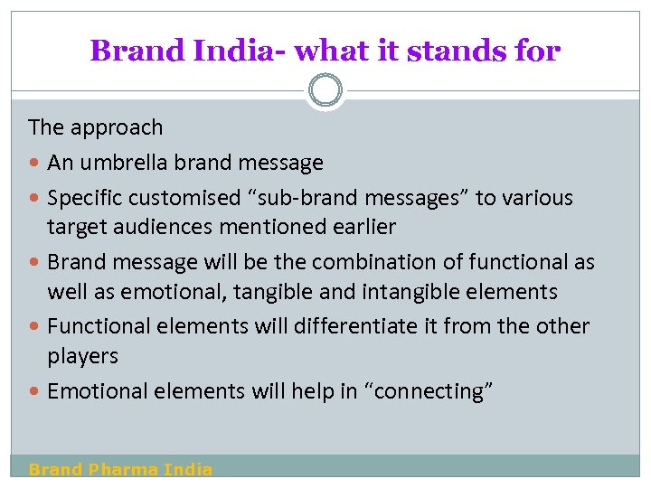 Brand India- what it stands for The approach An umbrella brand message Specific customised