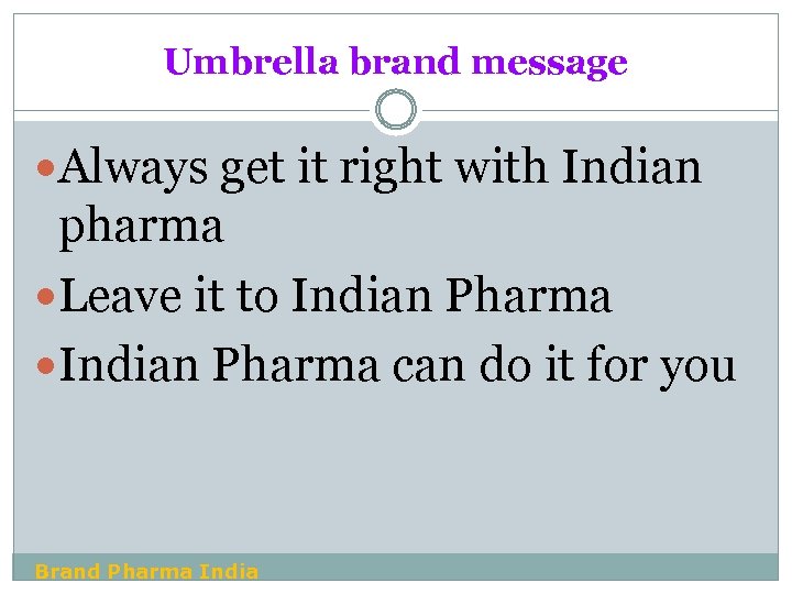 Umbrella brand message Always get it right with Indian pharma Leave it to Indian