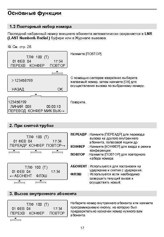 Основные функции 1. 3 Повторный набор номера Последний набранный номер внешнего абонента автоматически сохраняется