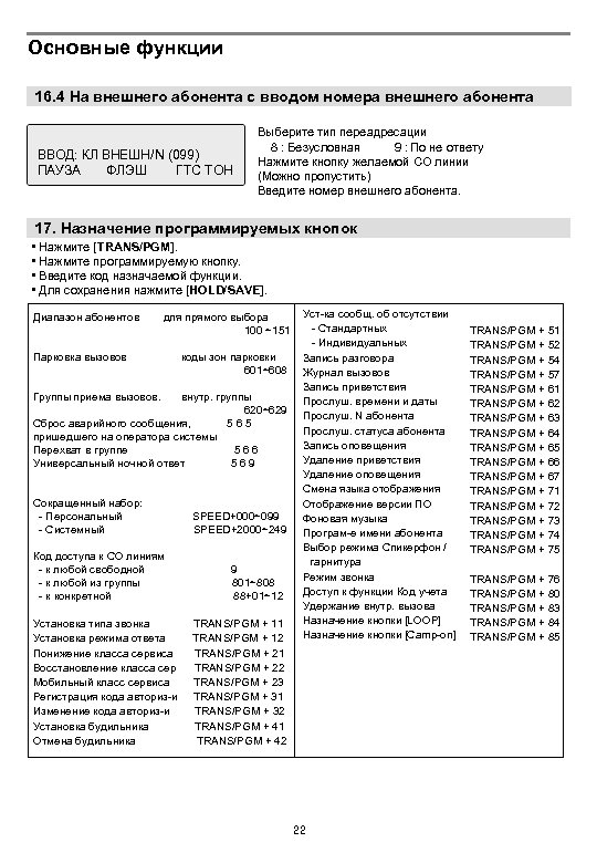 Основные функции 16. 4 На внешнего абонента с вводом номера внешнего абонента ВВОД: КЛ