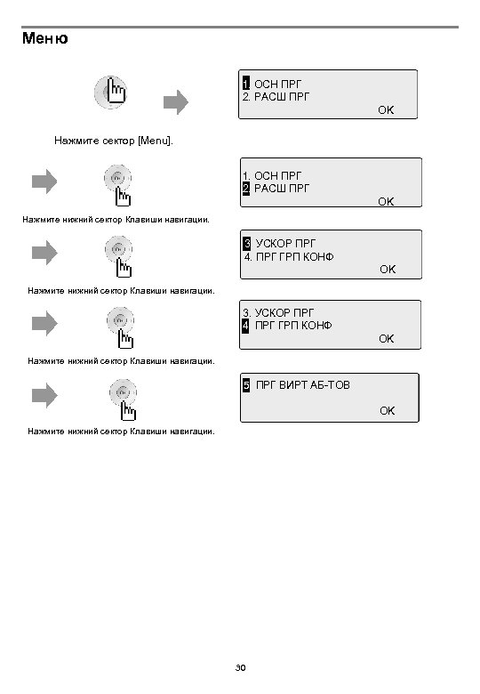 Меню 1 1. ОСН ПРГ 2. РАСШ ПРГ OK Нажмите сектор [Menu]. 1. ОСН