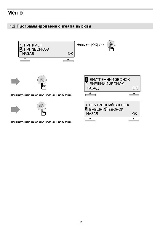 Меню 1. 2 Программирование сигнала вызова 1. ПРГ ИМЕН 1 ПРГ ЗВОНКОВ 2. НАЗАД
