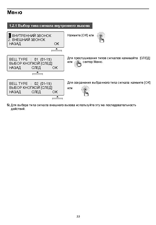 Меню 1. 2. 1 Выбор типа сигнала внутреннего вызова 1 1. ВНУТРЕННИЙ ЗВОНОК 2.