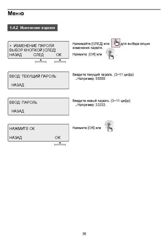 Меню 1. 4. 2 Изменение пароля > ИЗМЕНЕНИЕ ПАРОЛЯ ВЫБОР КНОПКОЙ [СЛЕД] НАЗАД СЛЕД