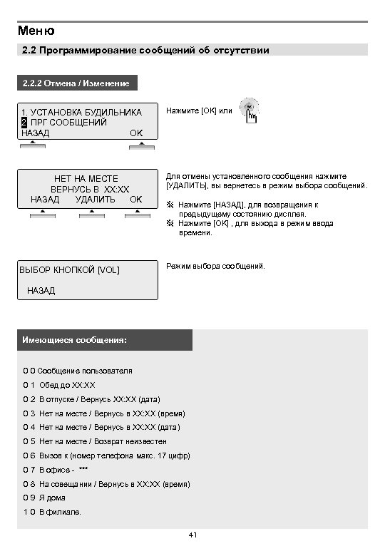 Меню 2. 2 Программирование сообщений об отсутствии 2. 2. 2 Отмена / Изменение 1.