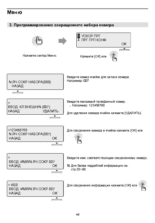 Меню 3. Программирование сокращенного набора номера 3. УСКОР ПРГ 1 4. ПРГ ГРП КОНФ