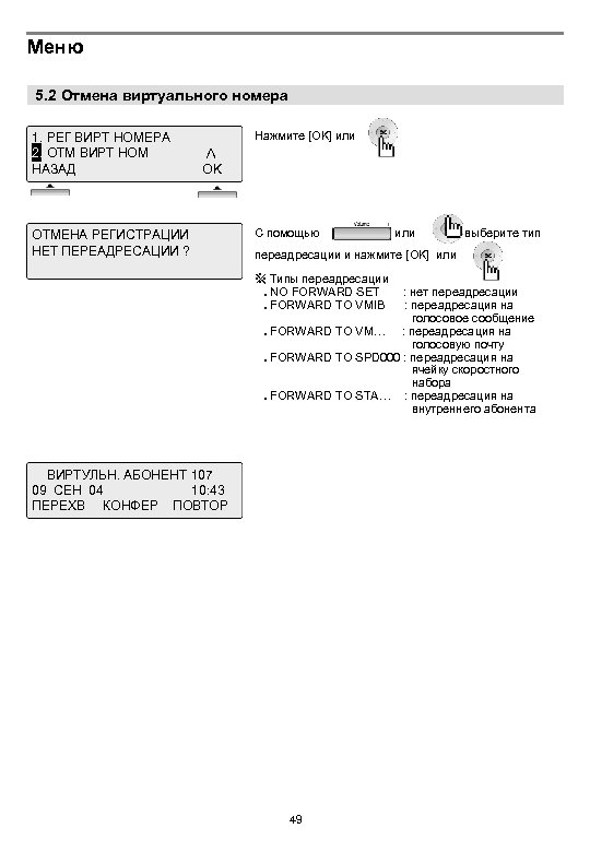 Меню 5. 2 Отмена виртуального номера 1. РЕГ ВИРТ НОМЕРА 2. ОТМ ВИРТ НОМ