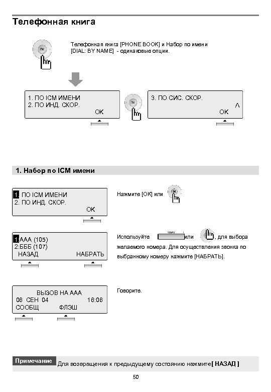 Телефонная книга [PHONE BOOK] и Набор по имени [DIAL: BY NAME] - одинаковые опции.