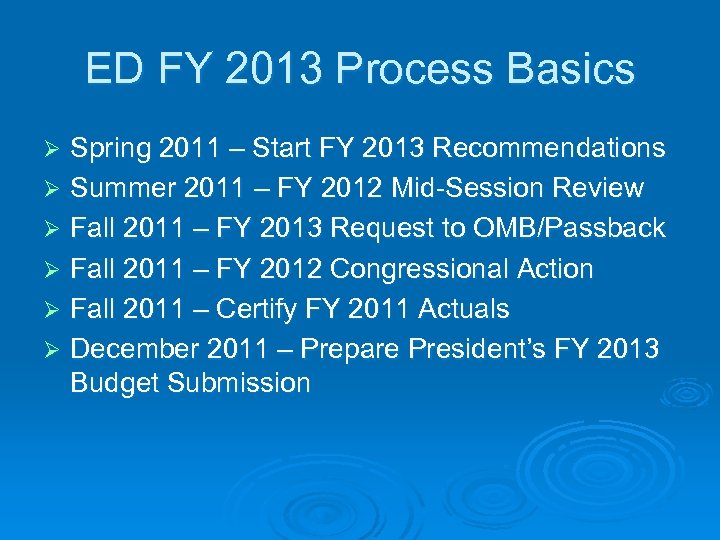 ED FY 2013 Process Basics Spring 2011 – Start FY 2013 Recommendations Ø Summer