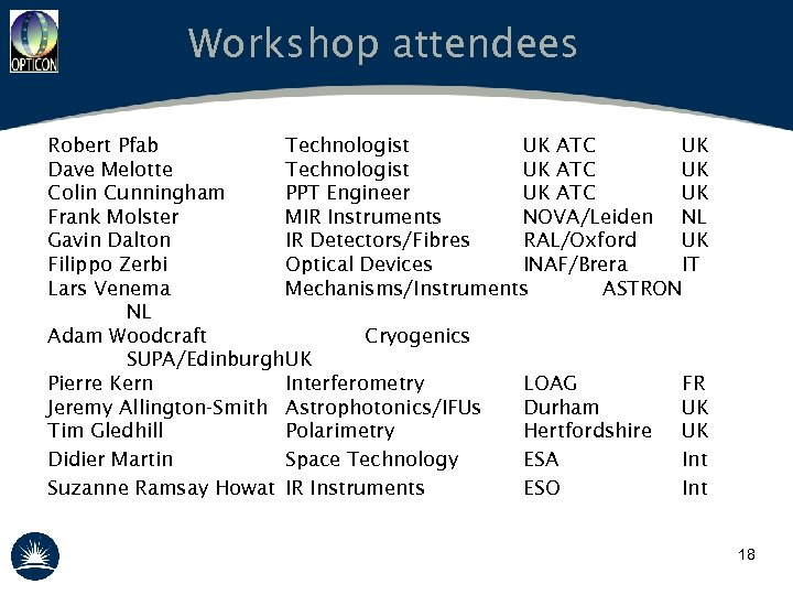 Workshop attendees Robert Pfab Technologist UK ATC UK Dave Melotte Technologist UK ATC UK