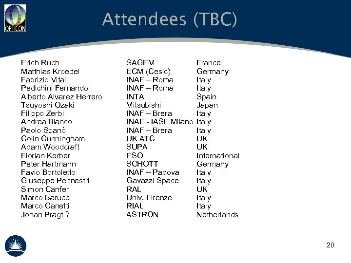 Attendees (TBC) Erich Ruch Matthias Kroedel Fabrizio Vitali Pedichini Fernando Alberto Alvarez Herrero Tsuyoshi