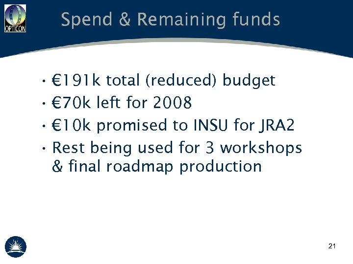 Spend & Remaining funds • € 191 k total (reduced) budget • € 70