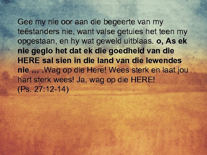 Gee my nie oor aan die begeerte van my teëstanders nie, want valse getuies
