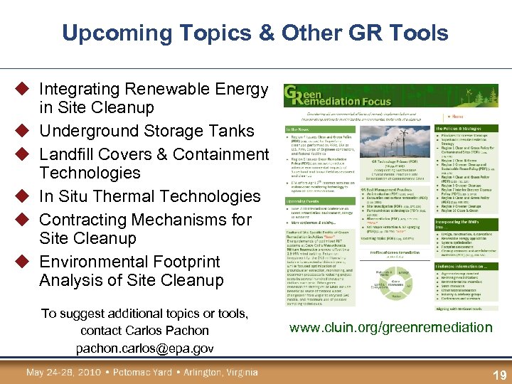 Upcoming Topics & Other GR Tools u Integrating Renewable Energy in Site Cleanup u