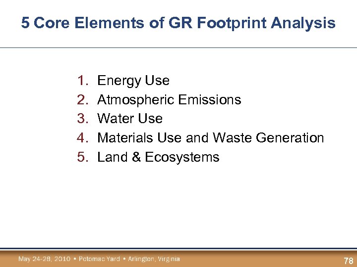 5 Core Elements of GR Footprint Analysis 1. 2. 3. 4. 5. Energy Use