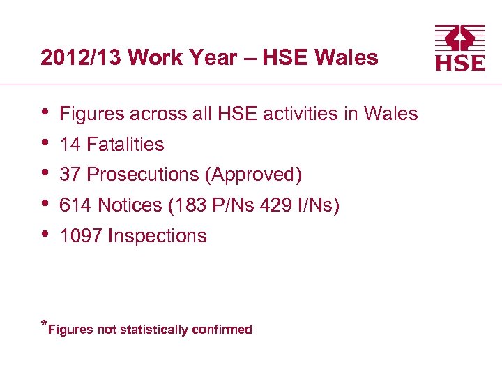 2012/13 Work Year – HSE Wales • • • Figures across all HSE activities