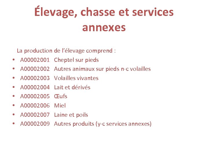 Élevage, chasse et services annexes La production de l’élevage comprend : • A 00002001